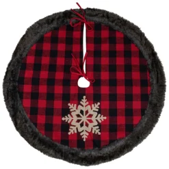 48-Inch Red And Black Christmas Tree Skirt With Burlap Snowflake