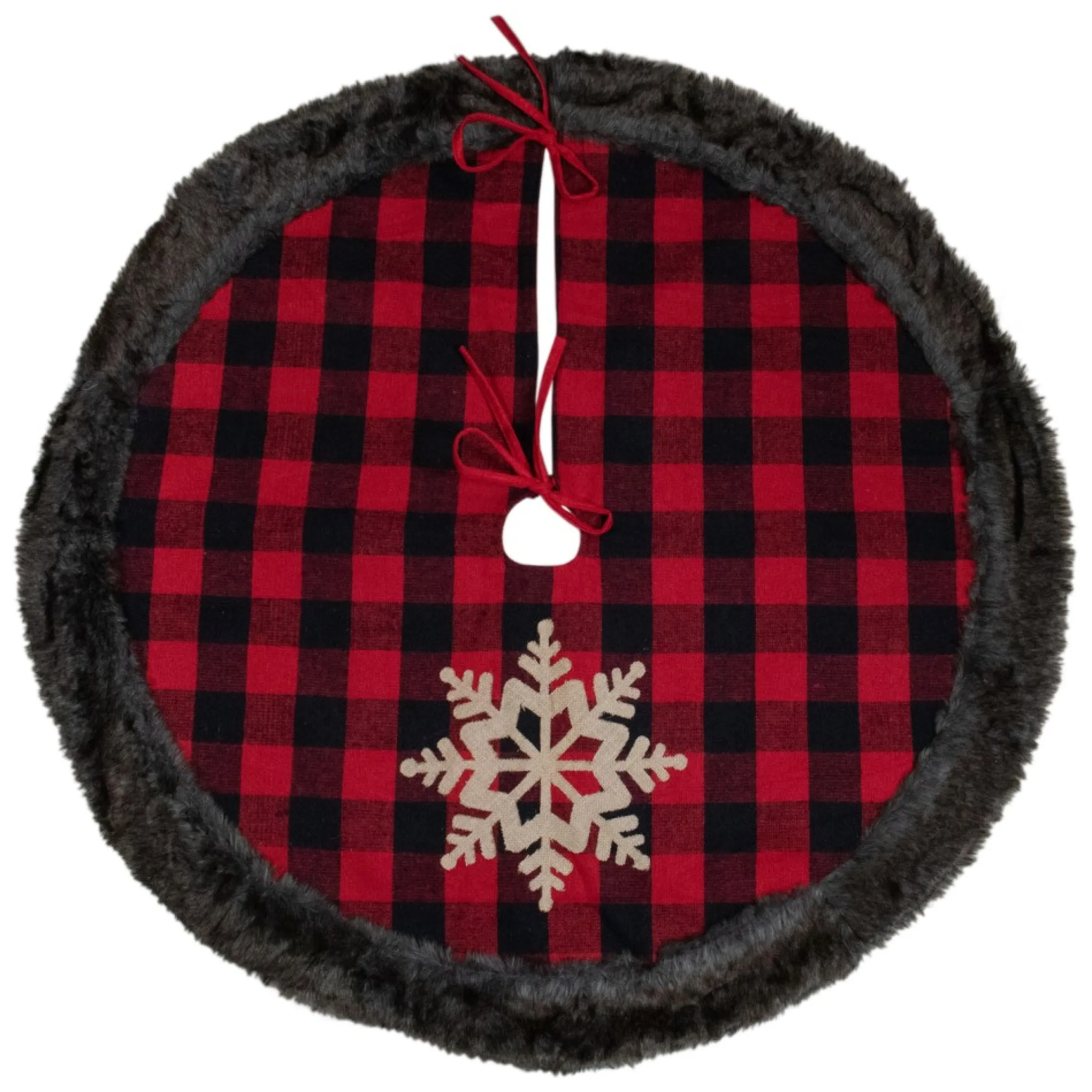48-Inch Red And Black Christmas Tree Skirt With Burlap Snowflake