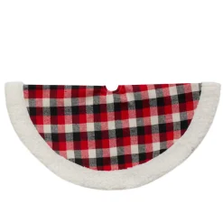 20-Inch Red, Black, And Ivory Plaid Mini Christmas Tree Skirt With High Pile Fleece Trim