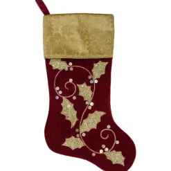 20.5-Inch Velvet Gold And Maroon Etched Cuff Christmas Stocking