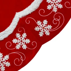 48-Inch Velvet Red And White Snowflake Scallop Christmas Tree Skirt