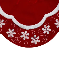 48-Inch Velvet Red And White Snowflake Scallop Christmas Tree Skirt
