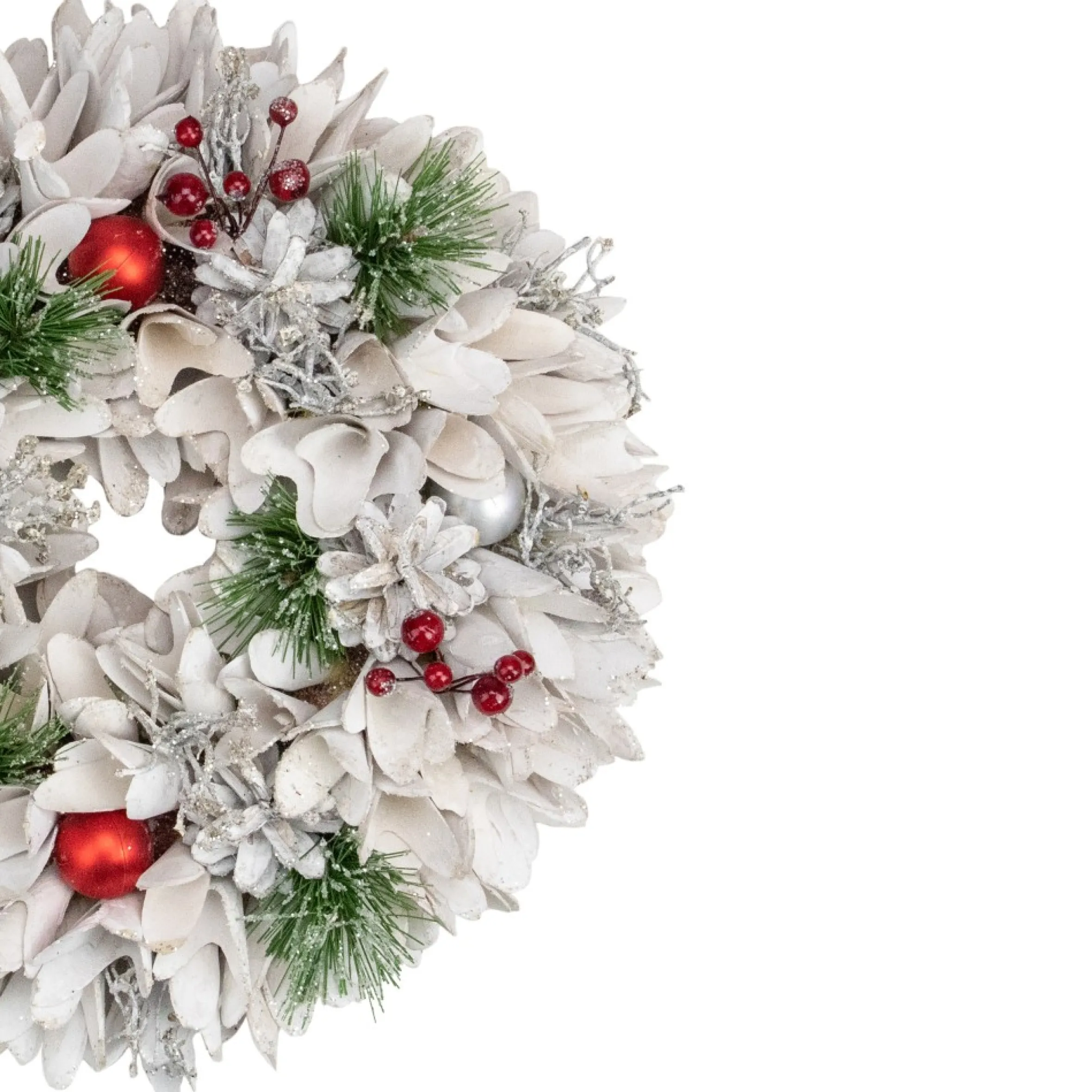 14In White Wooden Flower And Pinecone Christmas Wreath