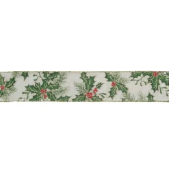 Ivory And Green Holly Leaves Christmas Wired Craft Ribbon 2.5" X 16 Yards