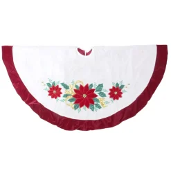 48" Ivory And Red Poinsettia Christmas Tree Skirt With Beads