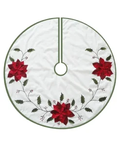 54" Ivory And Red With Poinsettia Applique Christmas Tree Skirt