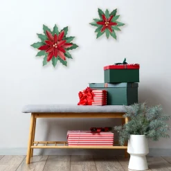 16.25" Large Red And Green Metal Poinsettia Christmas Wall Hanging