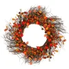 Leaves And Berries Artificial Fall Harvest Twig Wreath - 24 Inch, Unlit