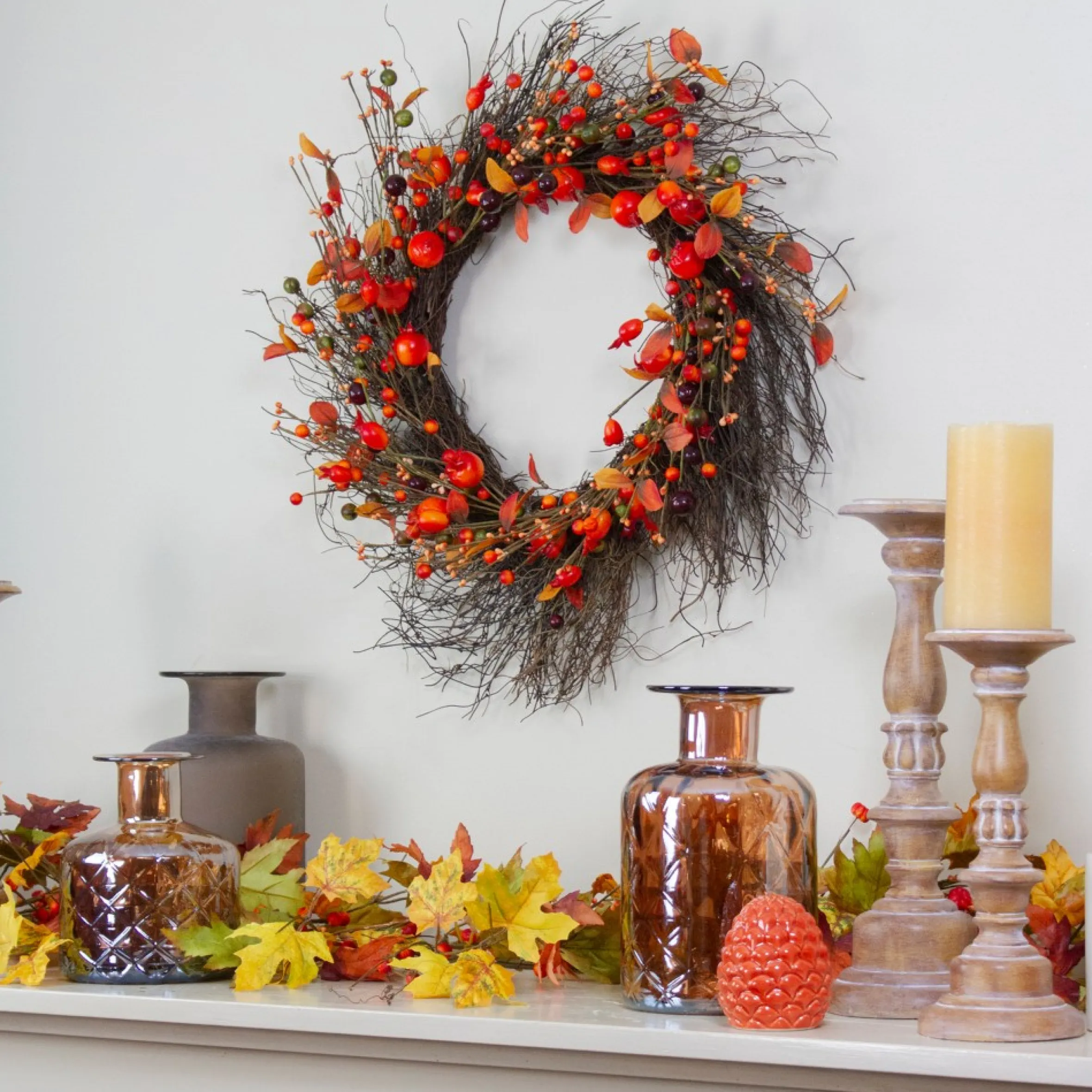 Leaves And Berries Artificial Fall Harvest Twig Wreath - 24 Inch, Unlit
