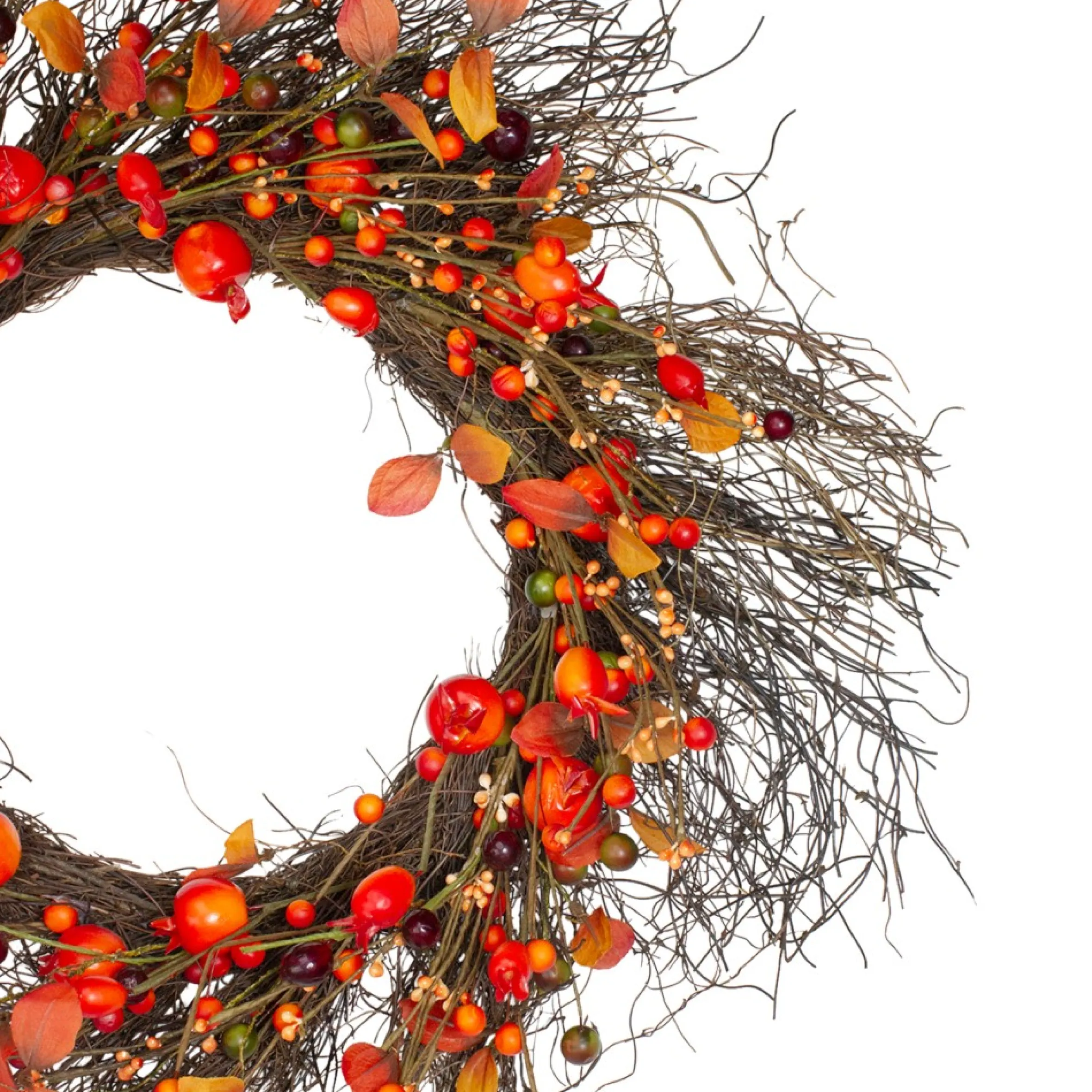 Leaves And Berries Artificial Fall Harvest Twig Wreath - 24 Inch, Unlit