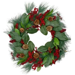 Leaves, Berry And Pine Needle Artificial Christmas Wreath - 24-Inch, Unlit