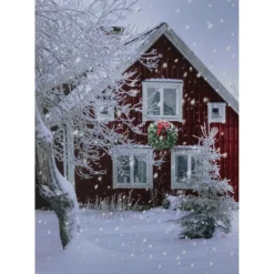 Led Fiber Optic Lighted Red Snowy Barn House Christmas Wall Art 15.75" X 12"