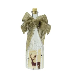 10" Led Flameless Pillar Candle In A Clear Glass Bottle Lantern With Deer Accents