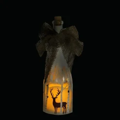 10" Led Flameless Pillar Candle In A Clear Glass Bottle Lantern With Deer Accents