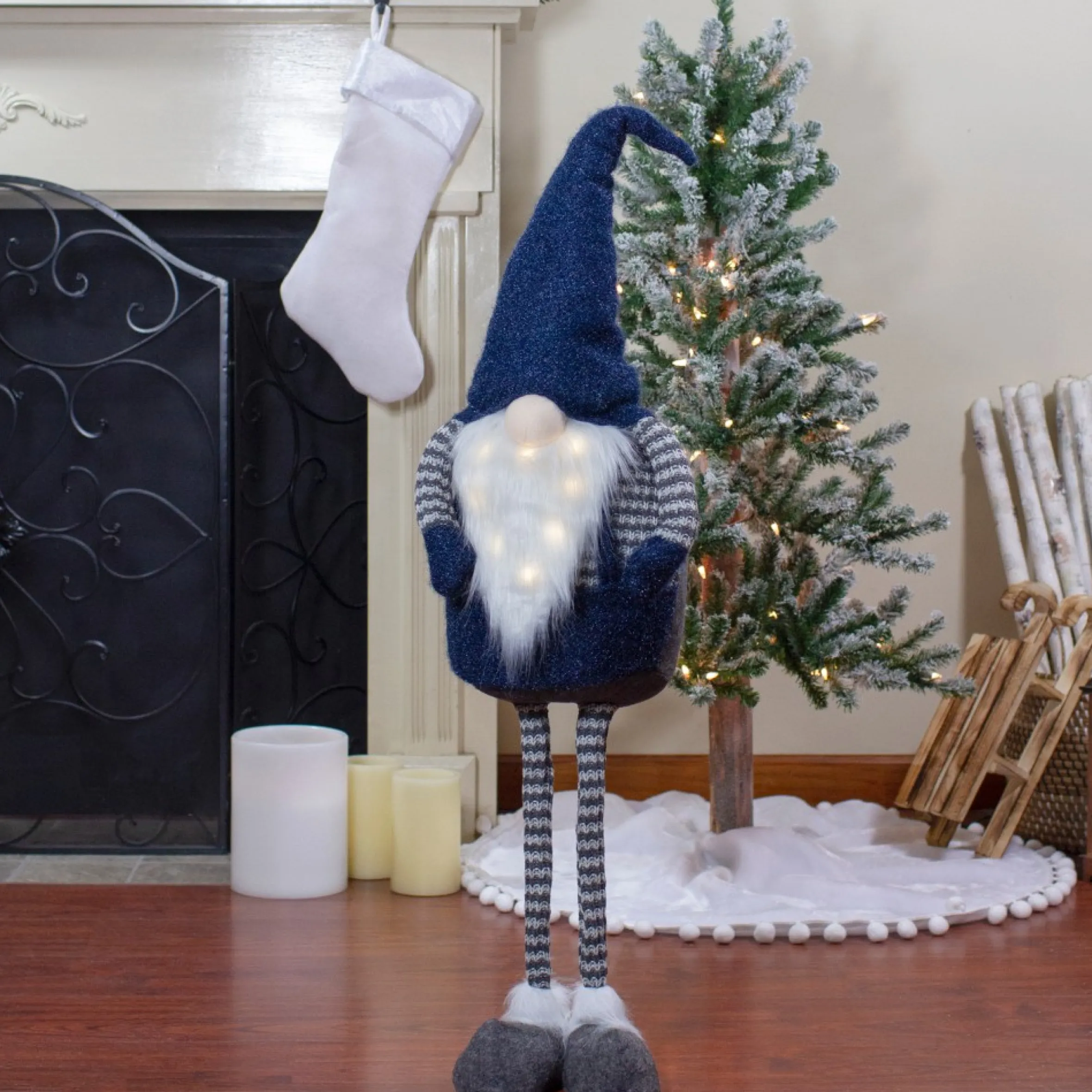 41" Led Lighted Blue And Gray Extendable Gnome Christmas Figure