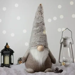 23.5" Led Lighted Brown And White Knit Gnome Christmas Figure