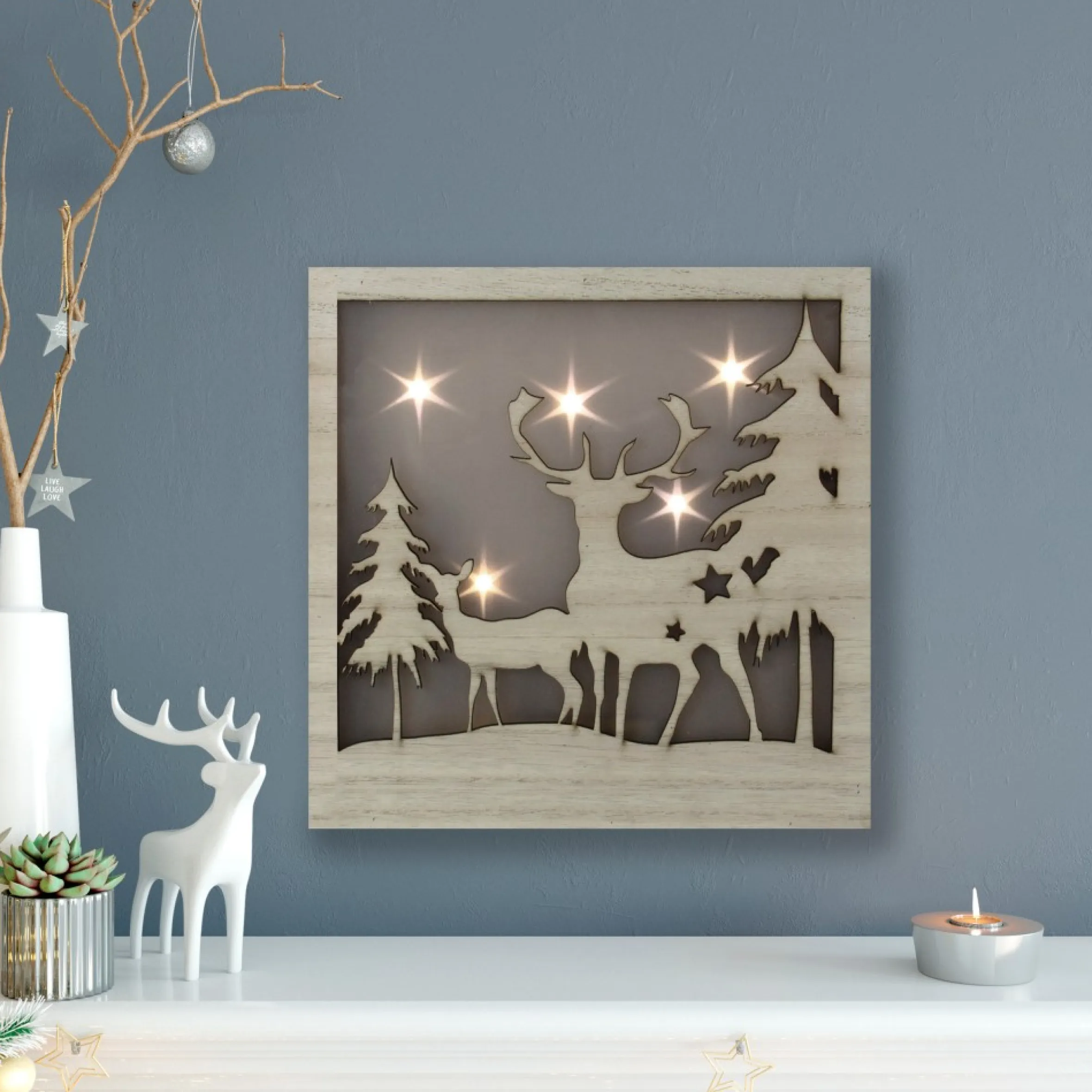Led Lighted Buck And Doe Silhouette Wood Christmas Wall Plaque
