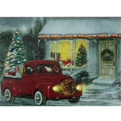 Led Lighted Fiber Optic Santa In Truck Christmas Canvas Wall Art 11.75" X 15.75"