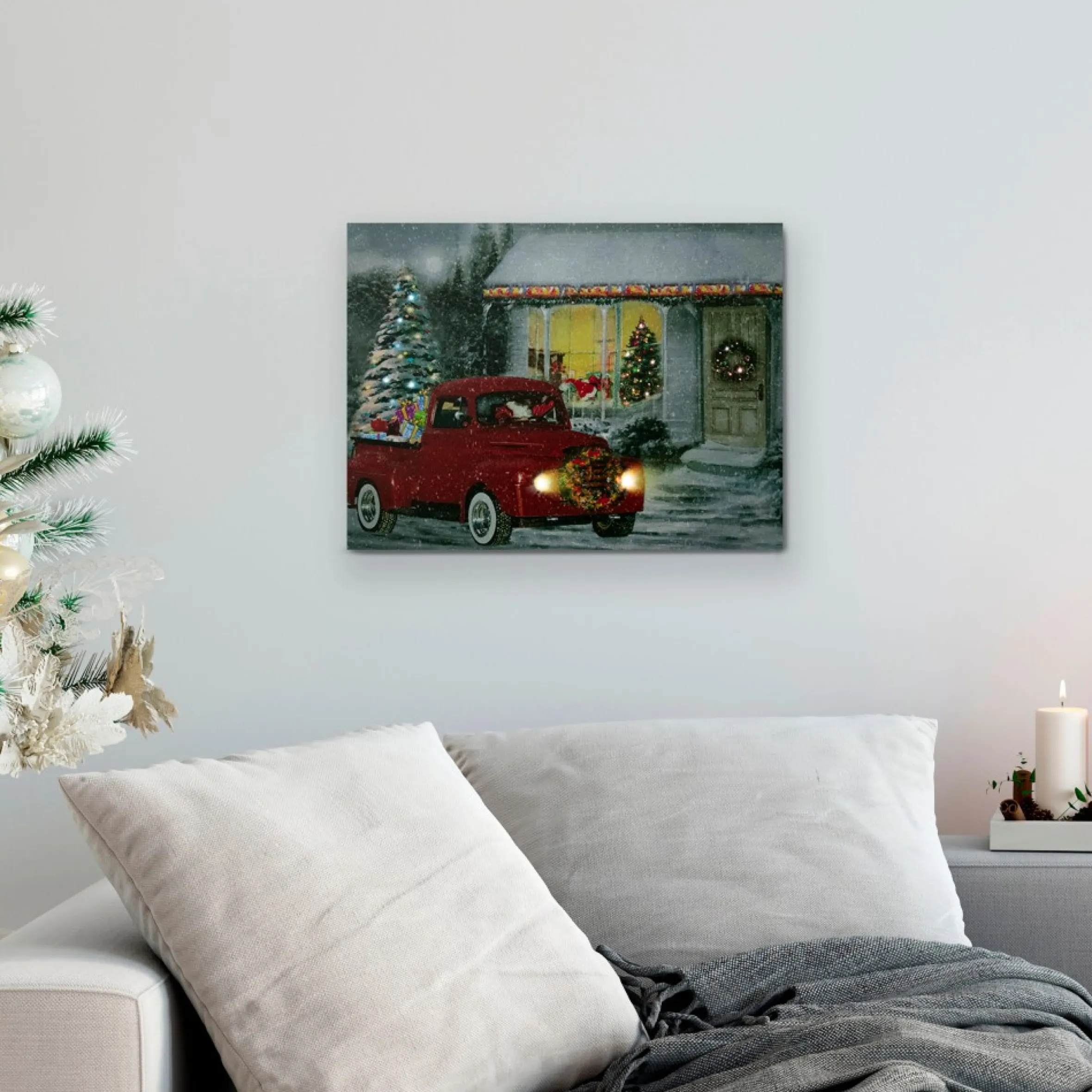 Led Lighted Fiber Optic Santa In Truck Christmas Canvas Wall Art 11.75" X 15.75"