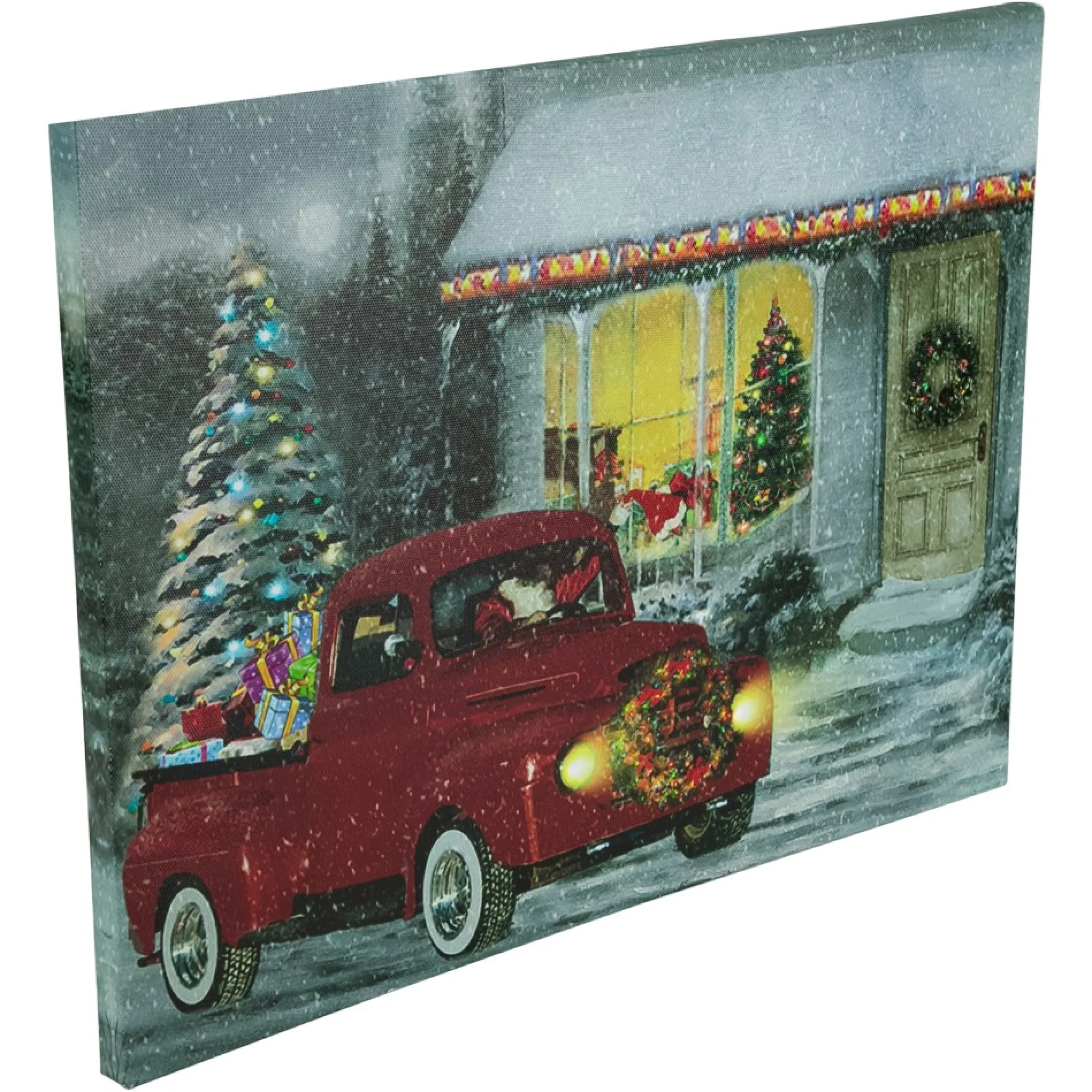 Led Lighted Fiber Optic Santa In Truck Christmas Canvas Wall Art 11.75" X 15.75"