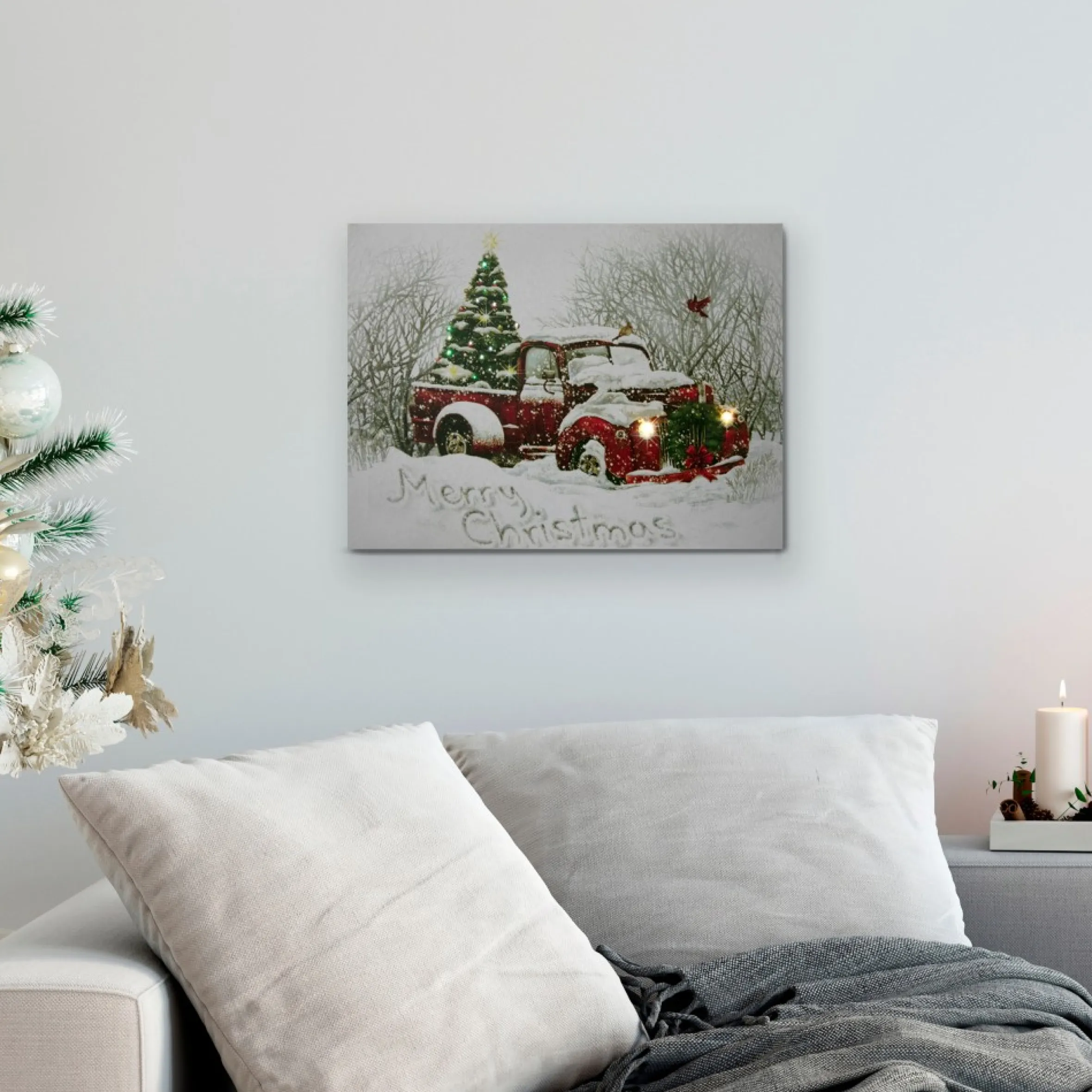 Led Lighted Fiber Optic Truck And Tree Christmas Canvas Wall Art 11.75" X 15.75"