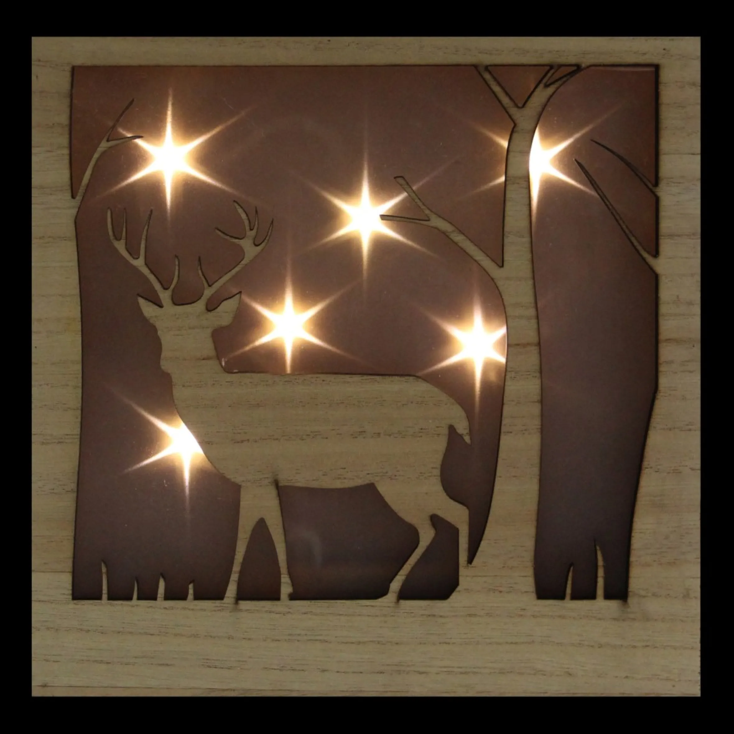 9.75" Led Lighted Male Deer With Antlers Stars Lighted Christmas Wooden Box