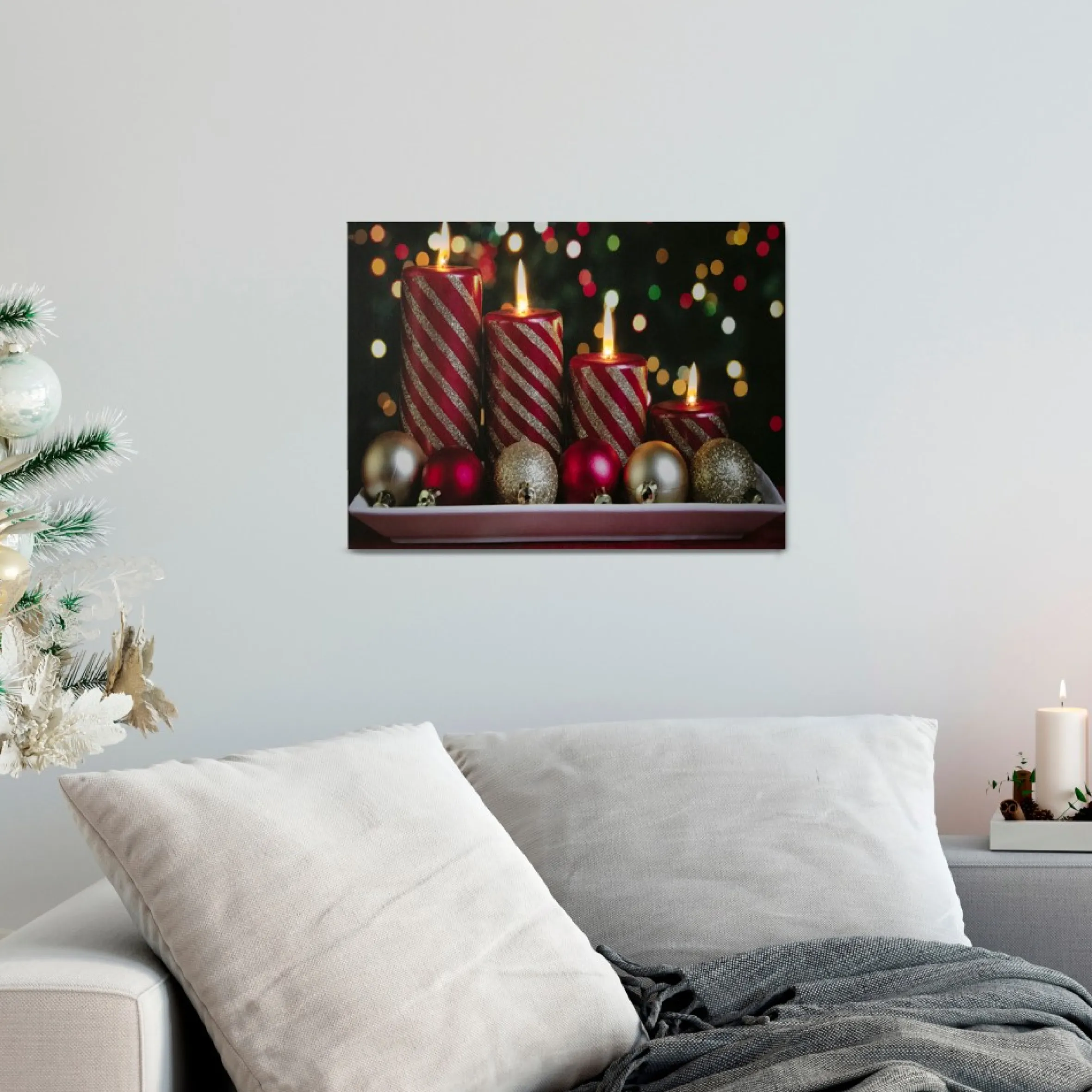 Led Lighted Red And Gold Christmas Candles Display Canvas Wall Art 11.75" X 15.75"