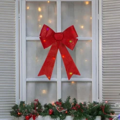 16" Led Lighted Red Burlap Bow Christmas Decoration With Color Changing Lights