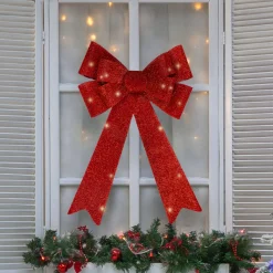 24" Led Lighted Red Tinsel Bow Christmas Decoration