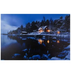 23.75" Led Lighted Rustic Lodge Cabin On The Lake Canvas Wall Art