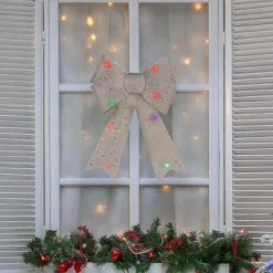 16" Led Lighted Silver Burlap Bow Christmas Decoration With Color Changing Lights