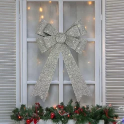 24" Led Lighted Silver Tinsel Bow Christmas Decoration
