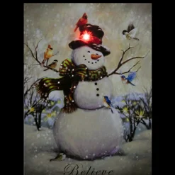 Led Lighted Snowman And Bird Friends Christmas Canvas Wall Art 15.75