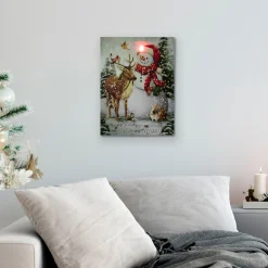 Led Lighted Snowman And Reindeer Christmas Canvas Wall Art 15.75" X 11.75"