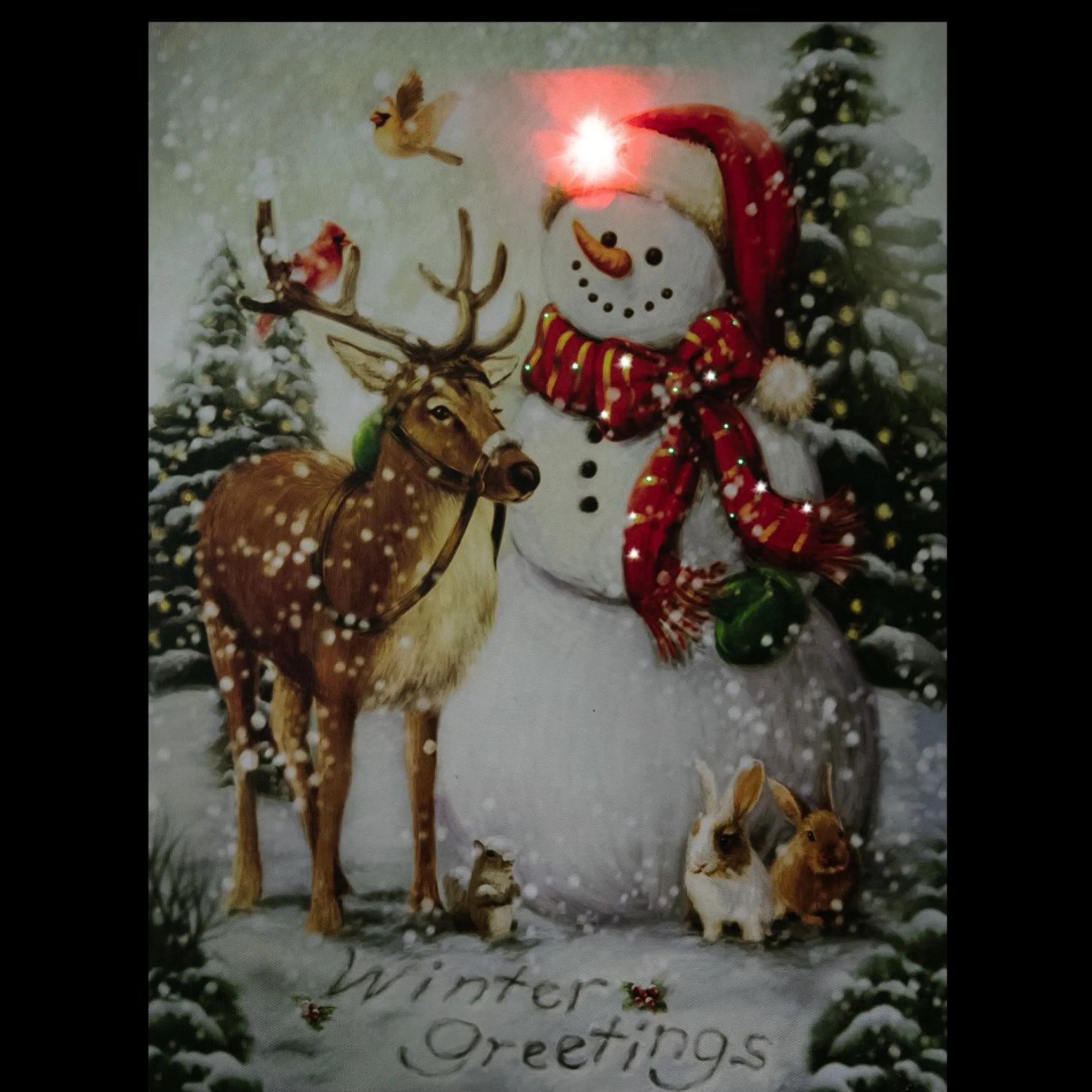 Led Lighted Snowman And Reindeer Christmas Canvas Wall Art 15.75" X 11.75"