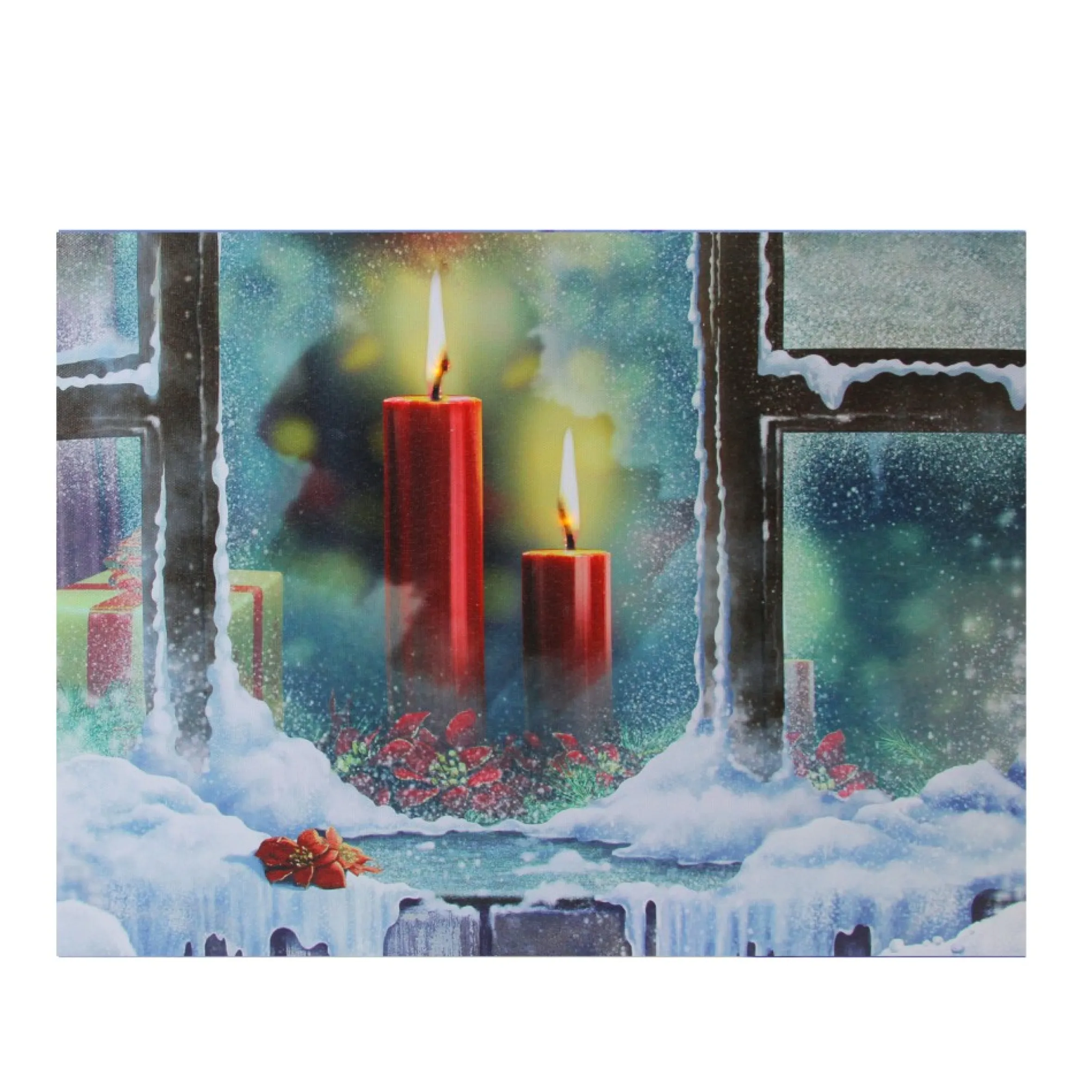 Led Lighted Snowy Window Pane And Candles Christmas Canvas Wall Art 12" X 15.75"