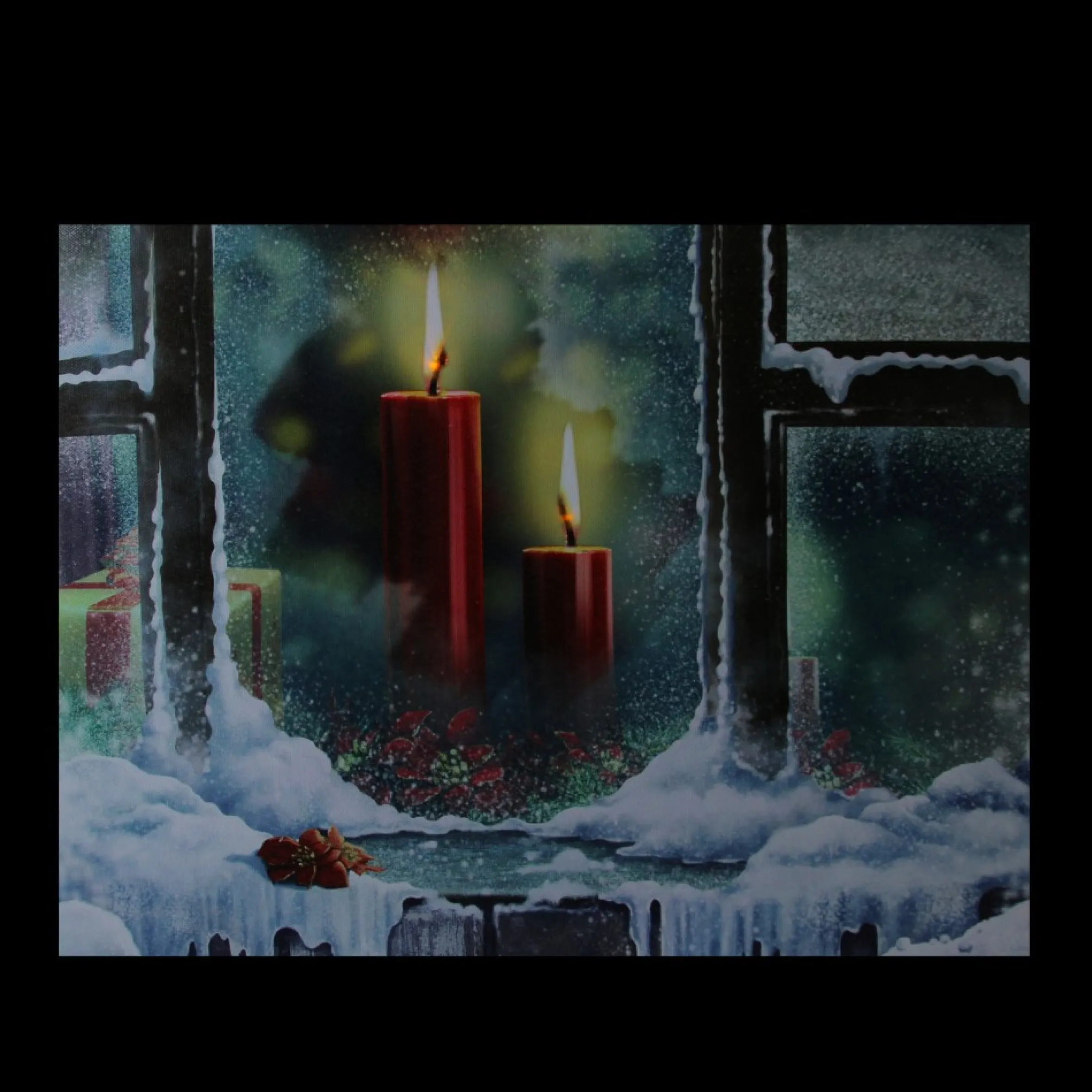 Led Lighted Snowy Window Pane And Candles Christmas Canvas Wall Art 12" X 15.75"