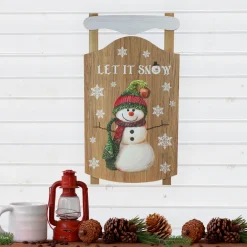 24" Let It Snow Wooden Sled Snowman And Snowflakes Wall Sign