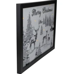 Lighted Black And White Winter Scene Merry Christmas Canvas Wall Art 11.75" X 15.75"