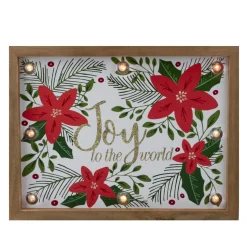 11.8" Lighted Brown Wooden Frame Poinsettia "Joy To The World" In Glitter Christmas Plaque