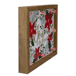 11.8" Lighted Brown Wooden Frame Poinsettia "Joy To The World" In Glitter Christmas Plaque