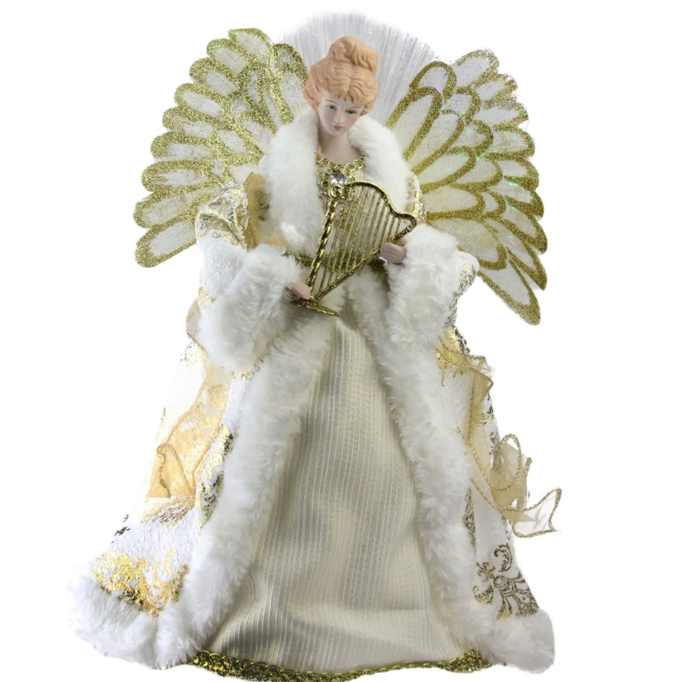 12" Lighted Fiber Optic Angel In Gold And Cream Gown With Harp Christmas Tree Topper