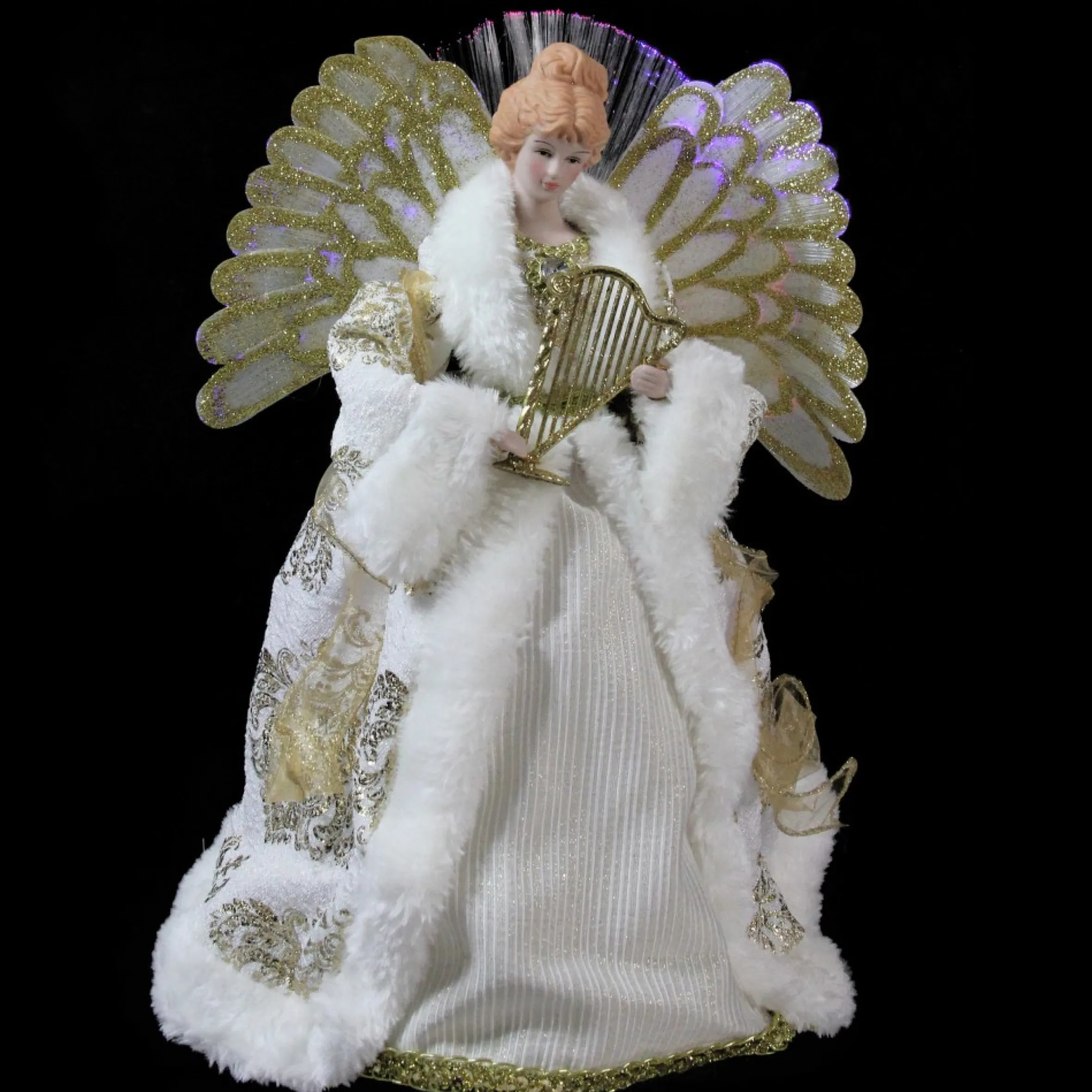 12" Lighted Fiber Optic Angel In Gold And Cream Gown With Harp Christmas Tree Topper