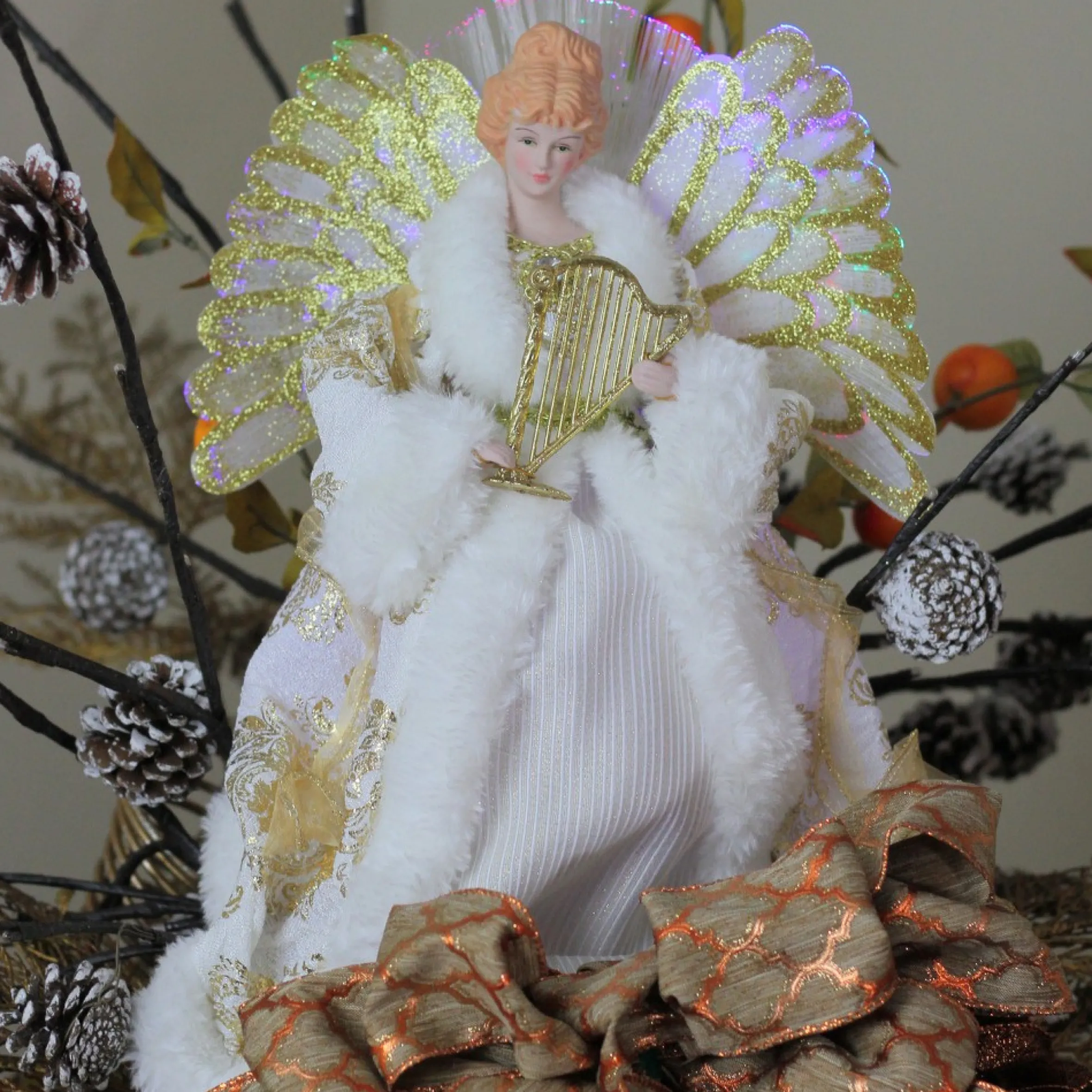 12" Lighted Fiber Optic Angel In Gold And Cream Gown With Harp Christmas Tree Topper
