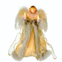 10" Lighted Fluffy Winged White And Gold Angel Christmas Tree Topper - Clear Lights