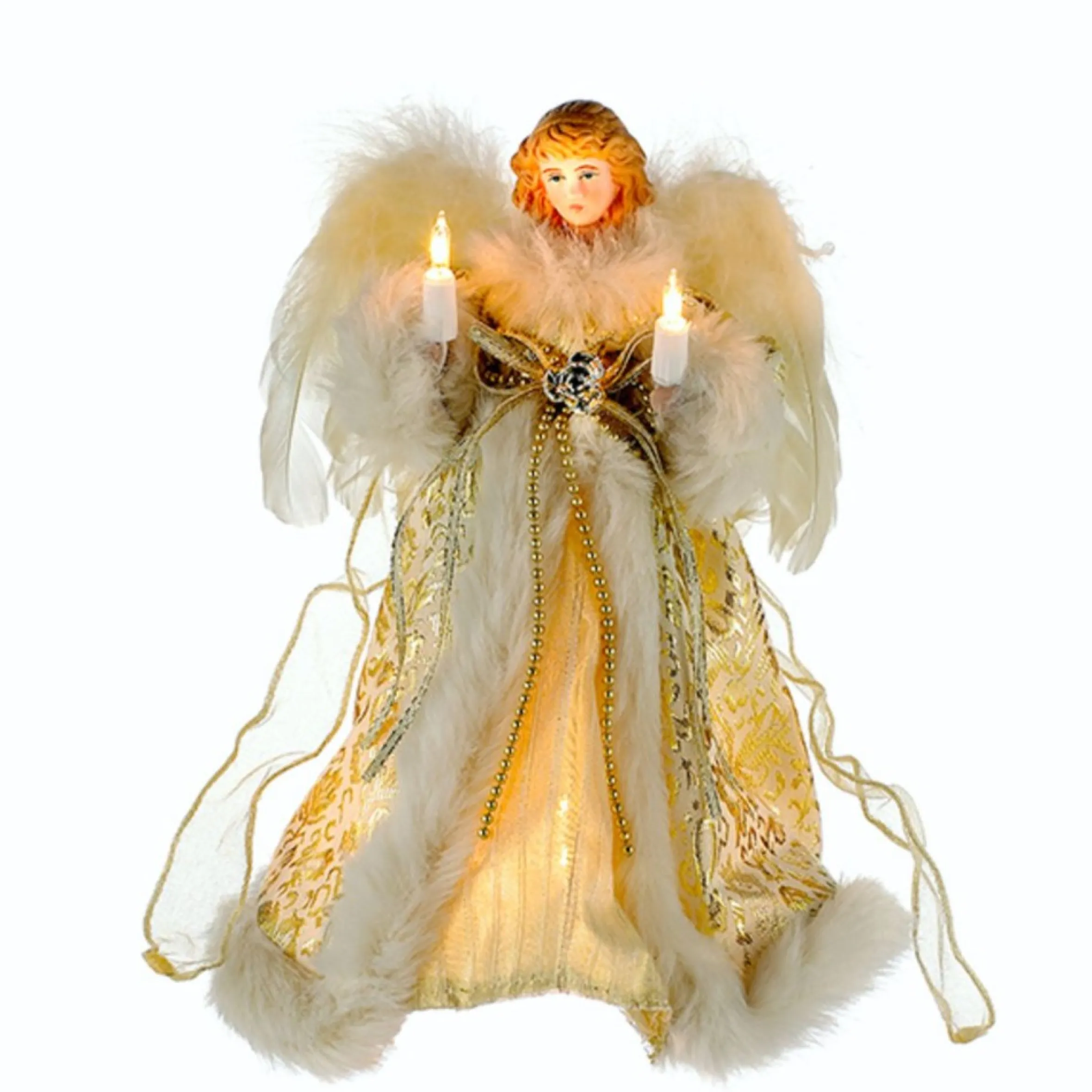 10" Lighted Fluffy Winged White And Gold Angel Christmas Tree Topper - Clear Lights