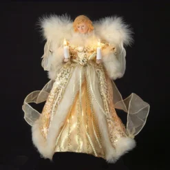 10" Lighted Fluffy Winged White And Gold Angel Christmas Tree Topper - Clear Lights