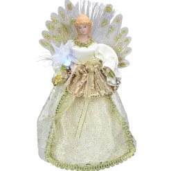 12" Lighted Gold And Ivory Angel Tree Topper - Multicolor Fiber Optic Lights