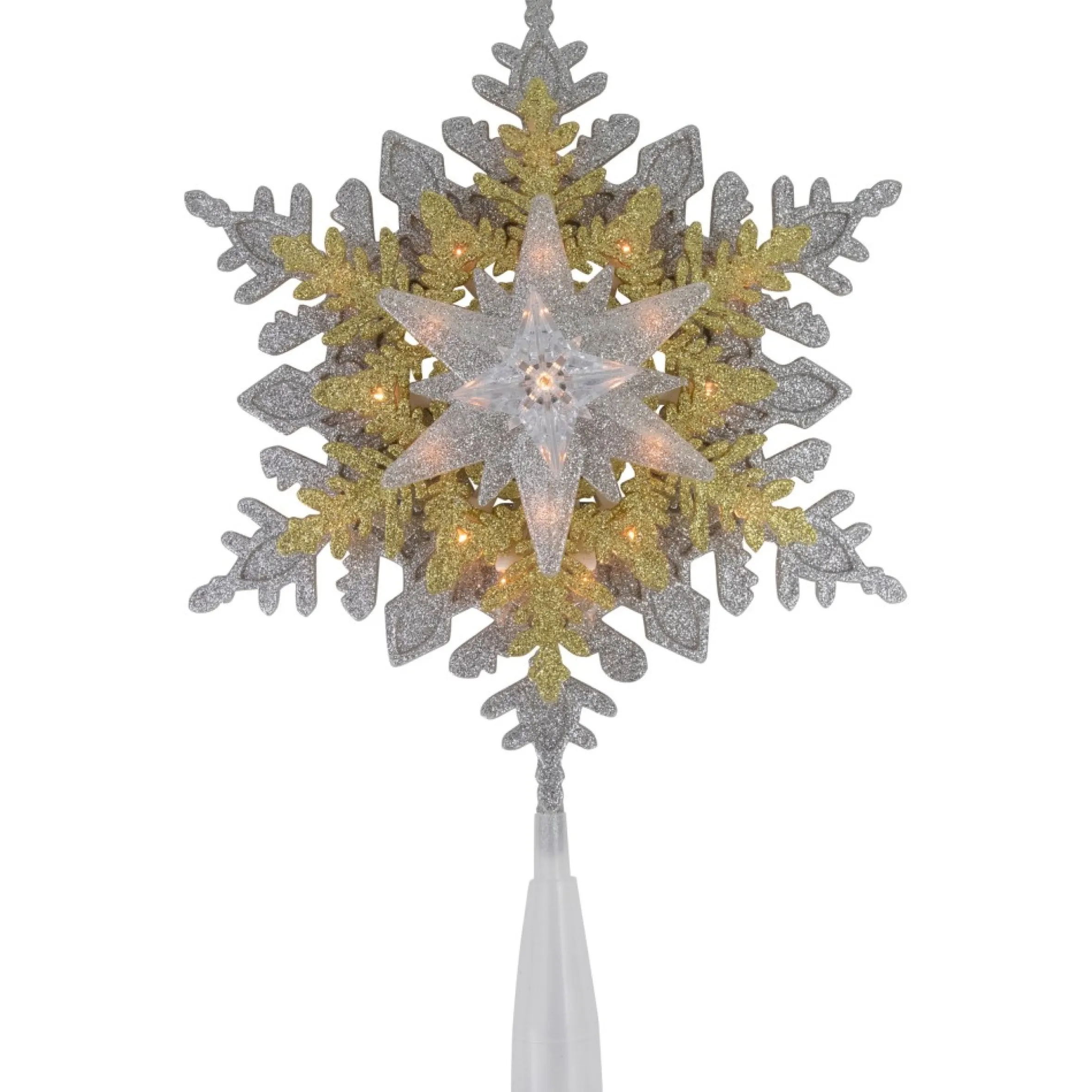 13.75" Lighted Gold And Silver Snowflake Christmas Tree Topper, Clear Lights