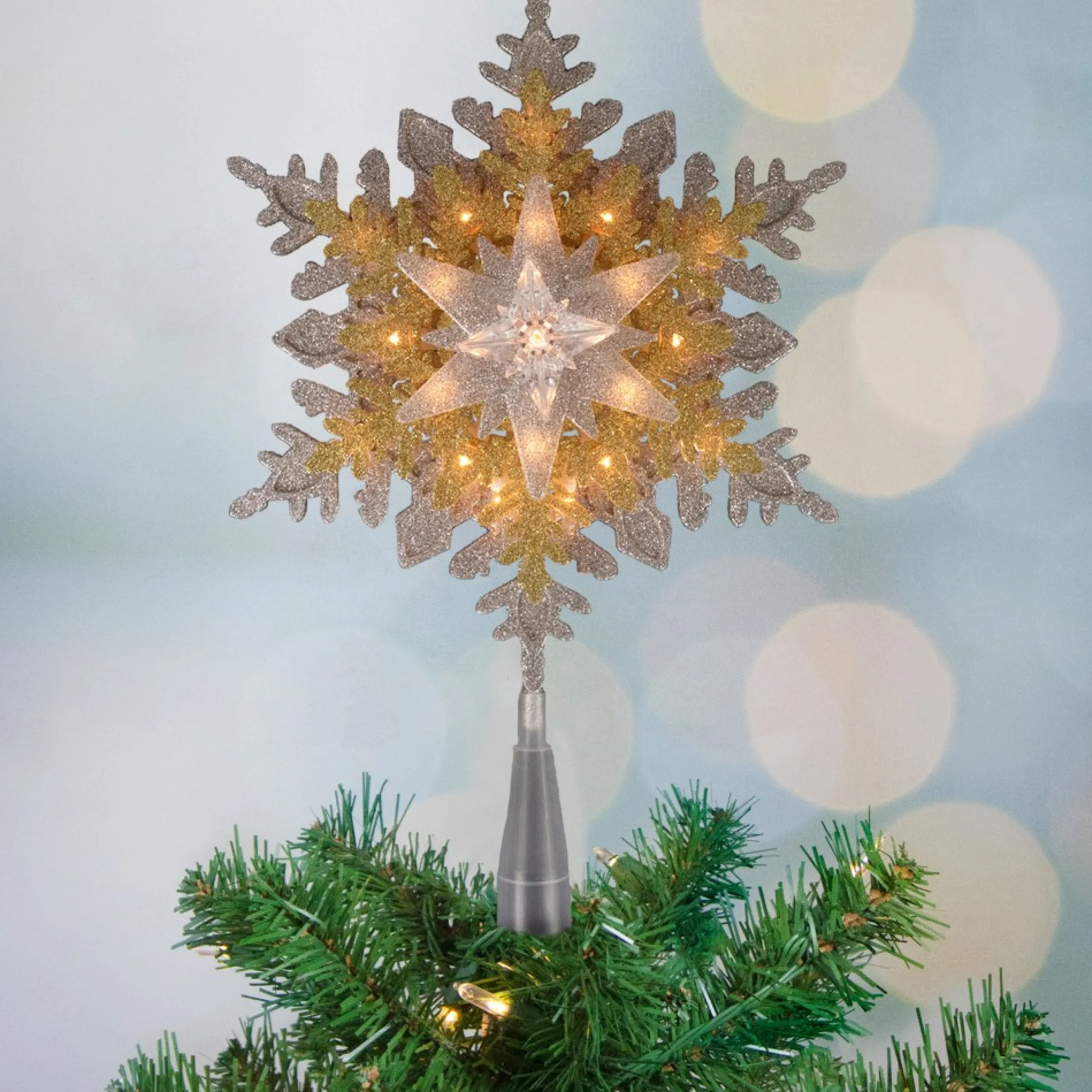 13.75" Lighted Gold And Silver Snowflake Christmas Tree Topper, Clear Lights